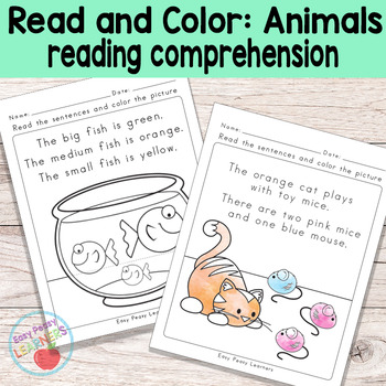 Animals Read and Color Reading Comprehension Worksheets - Grade 1 / Kindergarten
